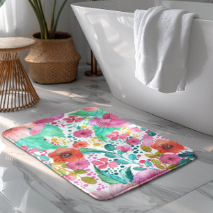 Colourful Water Colour Floral Pattern Bath Mat