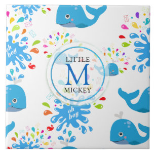 Colourful Water Splash Blue Whale Monogram Pattern Ceramic Tile