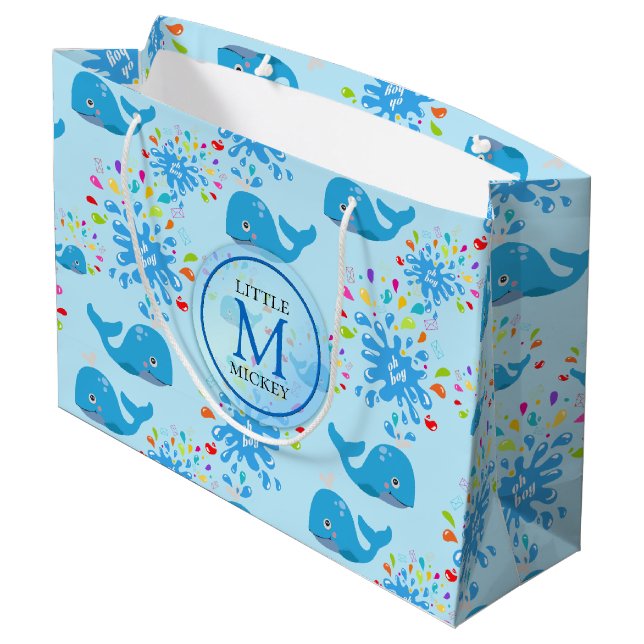 Colourful Water Splash Blue Whale Monogram Pattern Large Gift Bag (Back Angled)