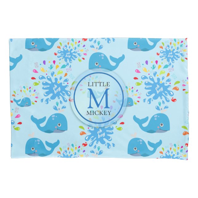 Colourful Water Splash Blue Whale Monogram Pattern Pillowcase (Front)