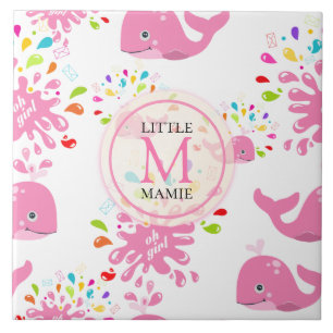 Colourful Water Splash Pink Whale Monogram Pattern Ceramic Tile