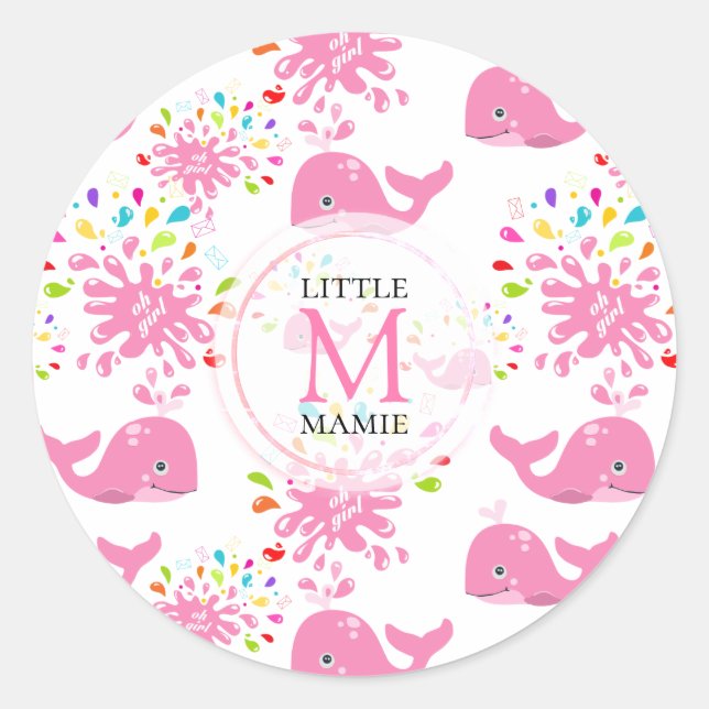 Colourful Water Splash Pink Whale Monogram Pattern Classic Round Sticker (Front)