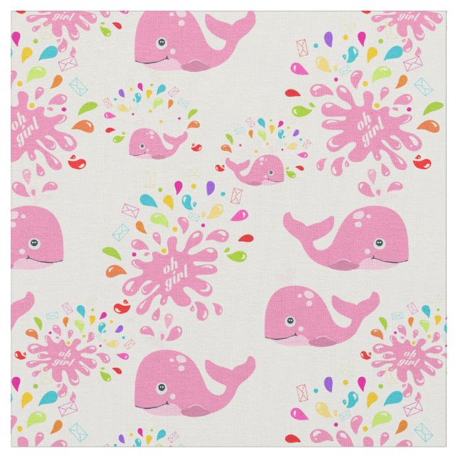 Colourful Water Splash Pink Whale Pattern Fabric (Close Up)