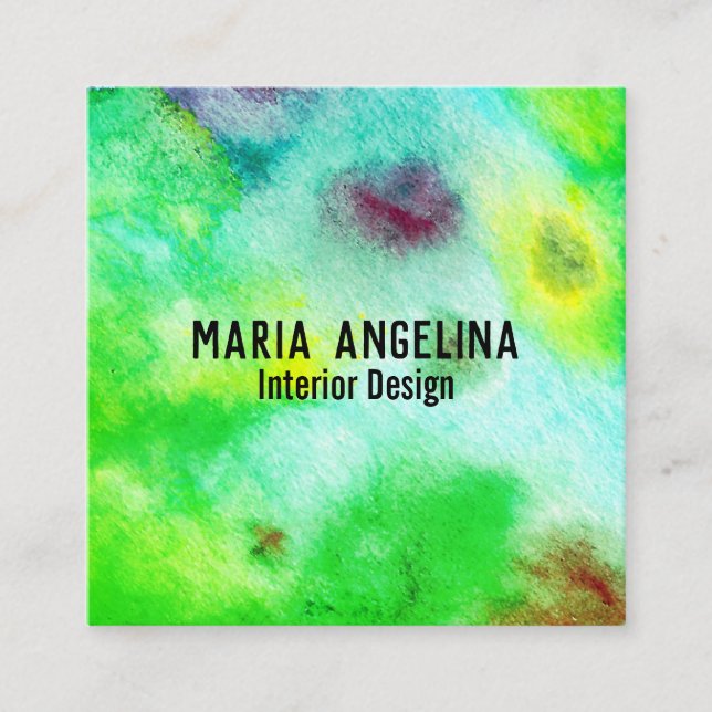 Colourful watercolor abstract art modern green square business card (Front)