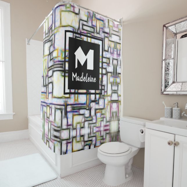 Colourful Watercolor Abstract Geometric Monogram Shower Curtain (In Situ)