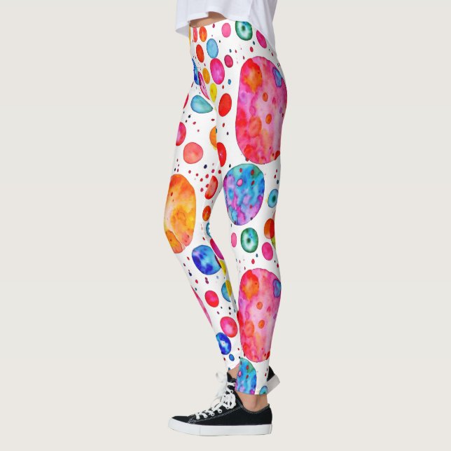 Colourful Watercolor Abstract Polka Dots Leggings (Left)