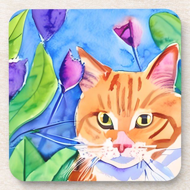 Colourful Watercolor Art | Orange Cat and Flowers Coaster (Front)