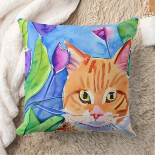 Colourful Watercolor Art Orange Cat and Flowers Cushion
