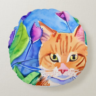 Colourful Watercolor Art Orange Cat and Flowers Round Cushion