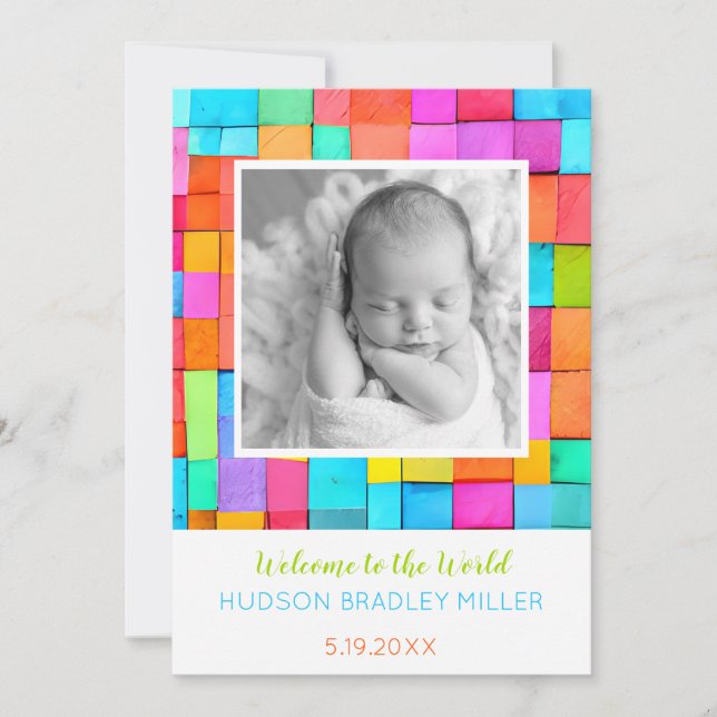 Colourful Watercolor Art PHOTO Baby Announcement  (Front)