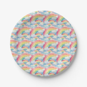 Colourful Watercolor Background with Rainbows Paper Plate
