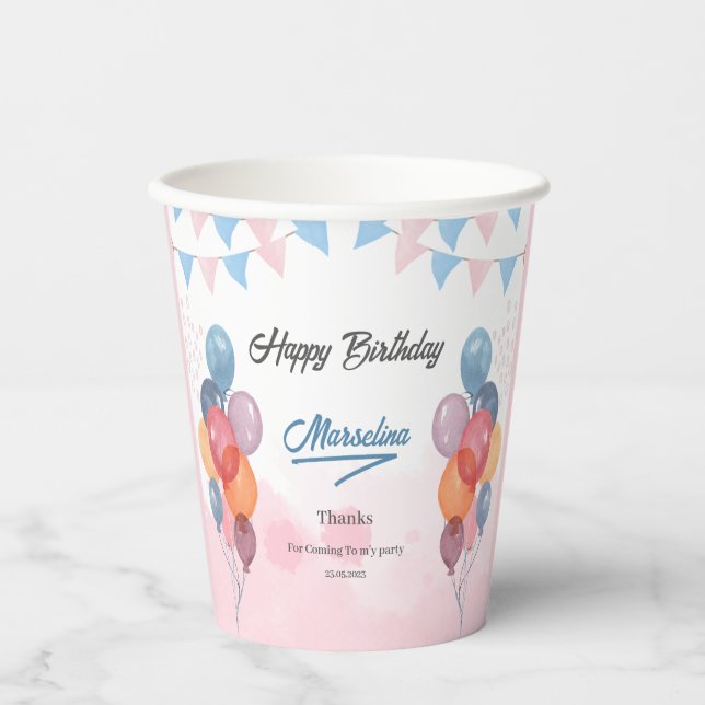 Colourful watercolor Balloon girl birthday party  Paper Cups (Front)