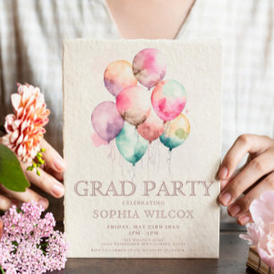 Colourful Watercolor Balloons Photo Graduation Invitation