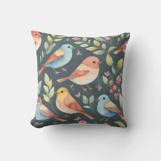 Colourful Watercolor Birds Nature Leaves Cushion