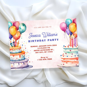 Colourful watercolor birthday cake and balloons invitation