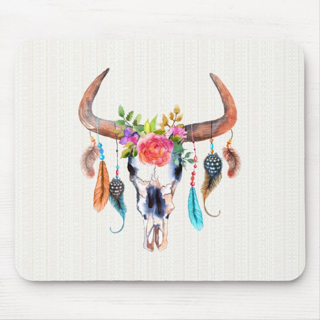 Colourful Watercolor Bison Skull With Horns Mouse Pad (Front)