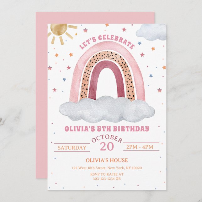 Colourful Watercolor Boho Rainbow Girl Birthday Invitation (Front/Back)