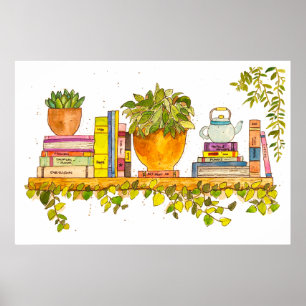 Colourful Watercolor Bookshelf Poster