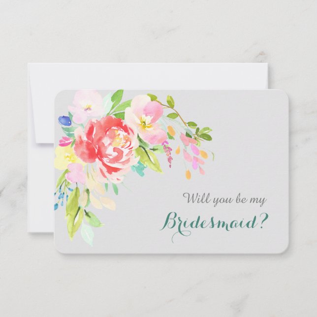 Colourful Watercolor Bouquet on Silver Bridesmaid Invitation (Front)