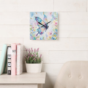 Colourful Watercolor Butterfly Floral Square Wall Clock