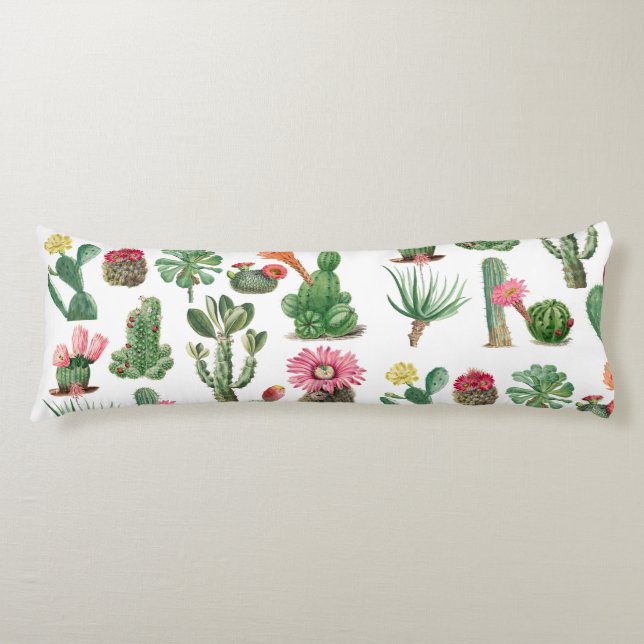 Colourful Watercolor Cactus & Succulents Flowers Body Cushion (Front)