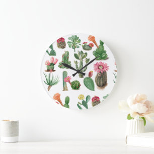 Colourful Watercolor Cactus & Succulents Flowers Large Clock