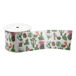 Colourful Watercolor Cactus & Succulents Flowers Satin Ribbon