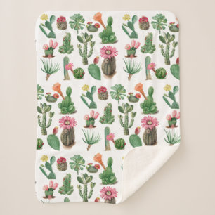 Colourful Watercolor Cactus & Succulents Flowers Sherpa Blanket