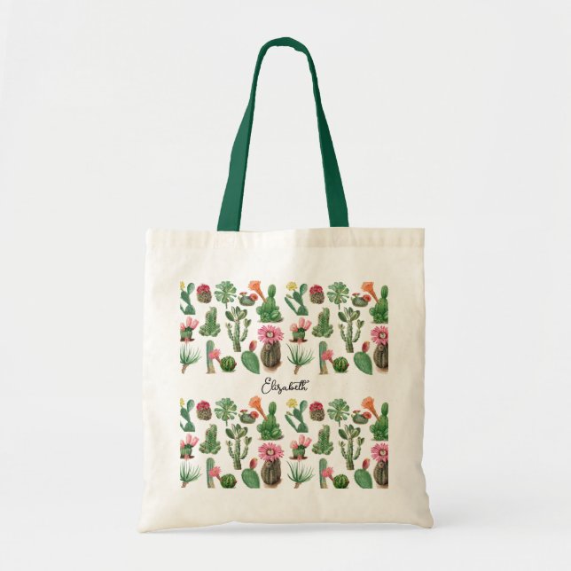 Colourful Watercolor Cactus & Succulents Flowers Tote Bag (Front)