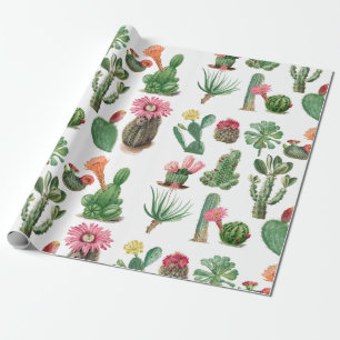Colourful Watercolor Cactus & Succulents Flowers Wrapping Paper