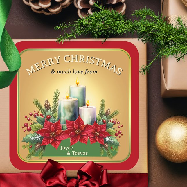 Colourful Watercolor Candles Poinsettia Christmas  Square Sticker (Festive colorful Christmas sticker featuring watercolor candles with poinsettia flowers on gold)