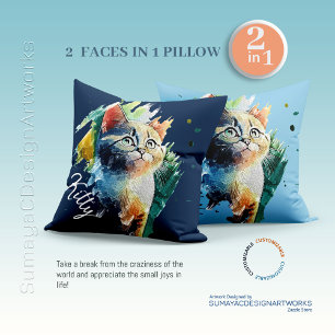 Colourful Watercolor Cat Portrait 2 in 1 Cushion