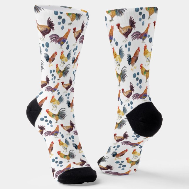 Colourful Watercolor Chickens & Eggs Barnyard Farm Socks (Angled)