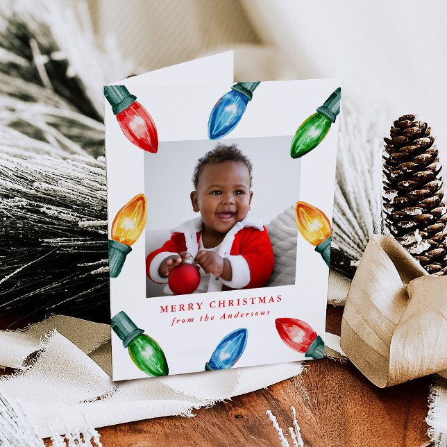 Colourful Watercolor Christmas Lights 3 Photo Holiday Card (Creator Uploaded)