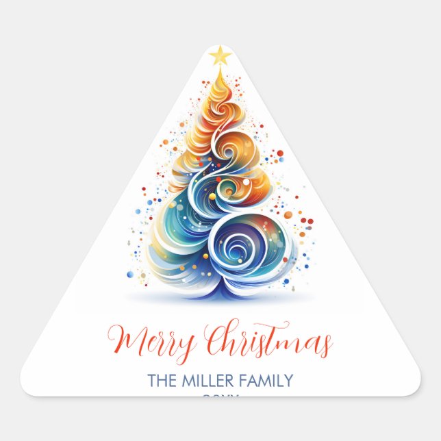 Colourful Watercolor Christmas Tree Customisable Triangle Sticker (Front)