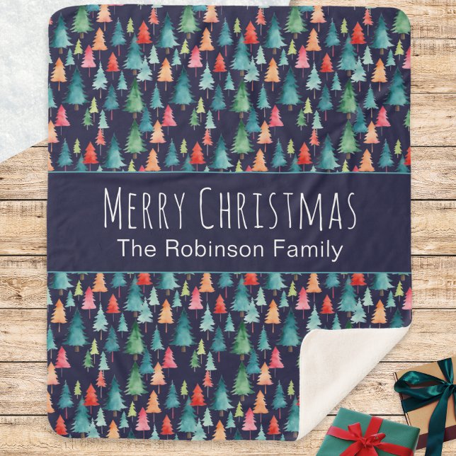 Colourful Watercolor Christmas Trees Personalised Sherpa Blanket (A festive sherpa blanket with colorful trees design, 'Merry Christmas' words and personalized name)