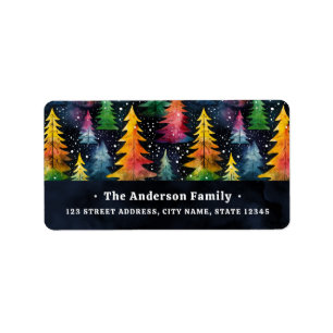 Colourful watercolor Christmas trees return addres Label