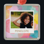 Colourful Watercolor Circles and Dots Name Photo Metal Ornament<br><div class="desc">A sweet,  playful pattern of painted watercolor circles and dots in a rainbow of cute colours,  personalised with your name and photo. Contact me with any questions or requests.</div>