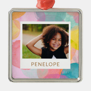 Colourful Watercolor Circles and Dots Name Photo Metal Ornament