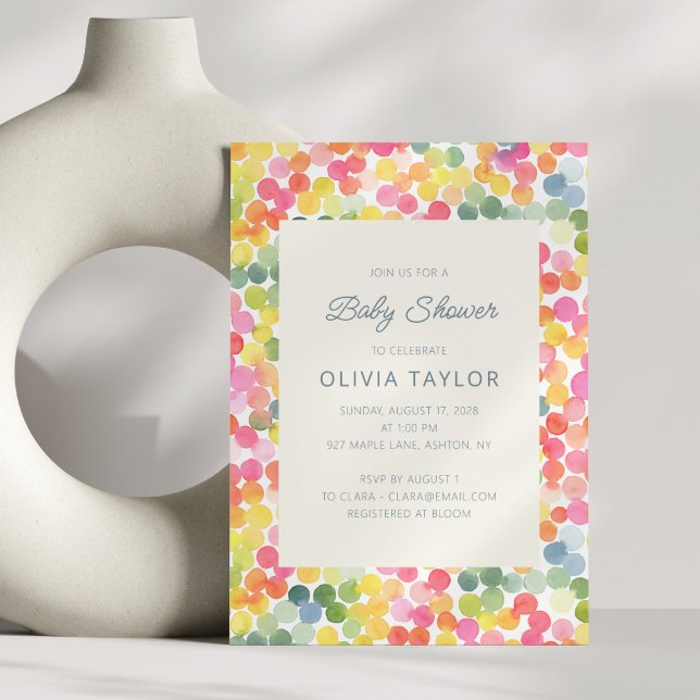 Colourful Watercolor Confetti Dots Baby Shower Invitation (Creator Uploaded)