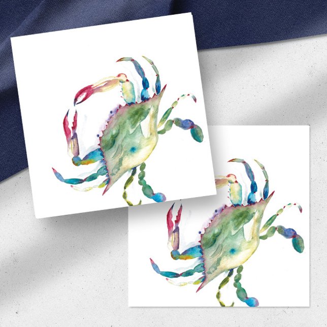 Colourful Watercolor Crab Mini Card (Note cards beach watercolor blue crab blank on one side art by Victoria Grigaliunas Do Tell A Belle)