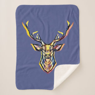 Colourful Watercolor Deer Head Art Sherpa Blanket