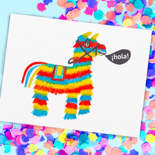 Colourful Watercolor Donkey Piñata Postcard (Cute gouache paint pinata saying hola on a postcard! Customize with your own text)
