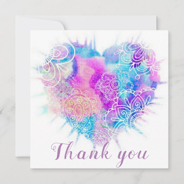 Colourful Watercolor Doodle Heart Thank You Card (Front)