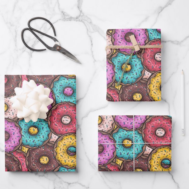 Colourful Watercolor Doughnuts with Sprinkles Patt Wrapping Paper Sheet (Front)