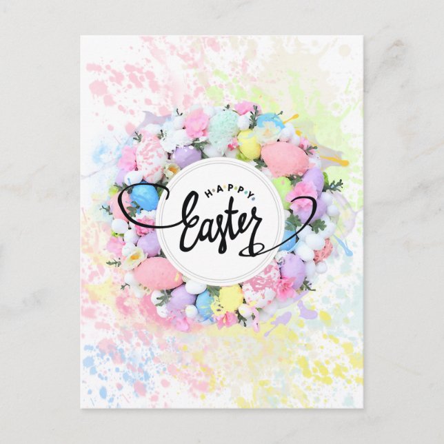 Colourful Watercolor Easter Wreath Calligraphy Postcard (Front)