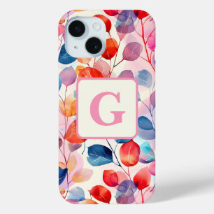  Colourful Watercolor Eucalyptus Leaves monogram iPhone 15 Case