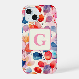 Colourful Watercolor Eucalyptus Leaves monogram iPhone 15 Case