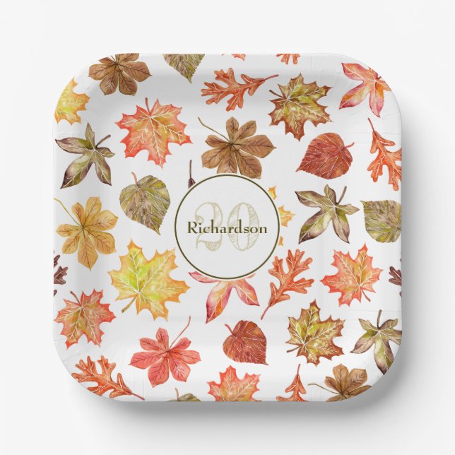 Colourful watercolor fall leaves family name paper plate (Front)