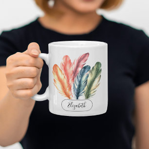 Colourful Watercolor Feathers Black Script Name Coffee Mug